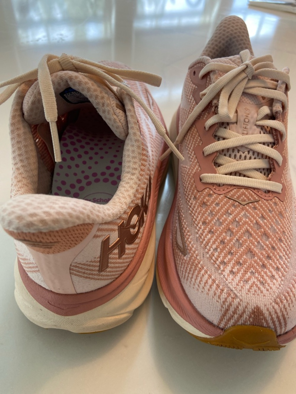 Hoka Clifton Women's Athletic Shoes in Blush Pink and White - Picture 2 of 16